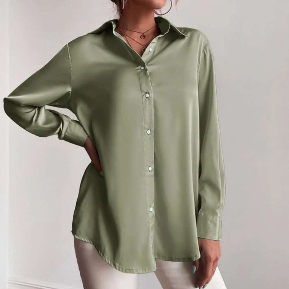 Luxe Satin button up Boyfriend shirt Blouse - Picture 11 of 16